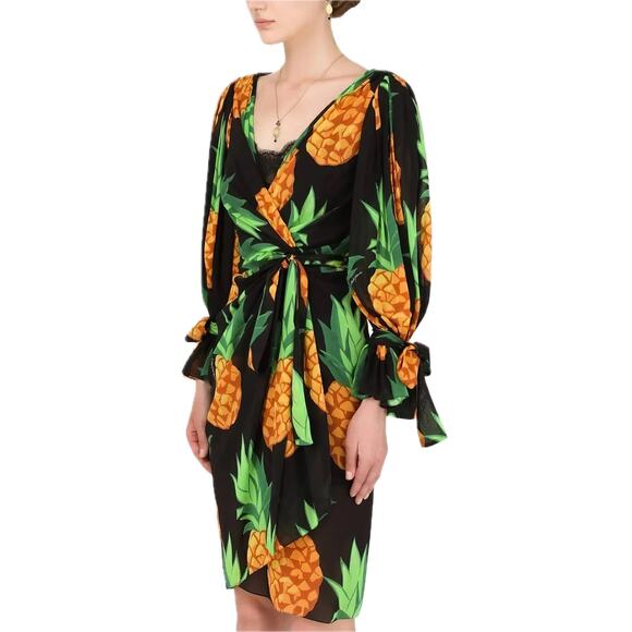 Dolce & Gabbana Runway Pineapple Wrap Silk Mini Dress Multicolor IT 42 M - Picture 5 of 13